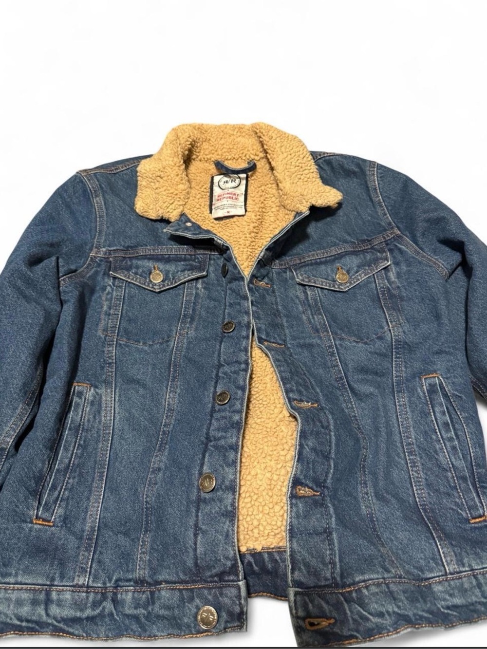 Men's Denim Sherpa-Lined Bomber Jacket - Blue with Tan Sherpa